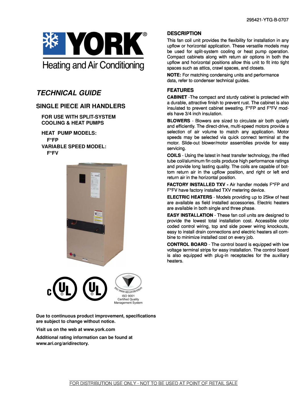 York F*FV specifications For Use With Split-Systemcooling & Heat Pumps, Heat Pump Models F*Fp Variable Speed Model F*Fv 