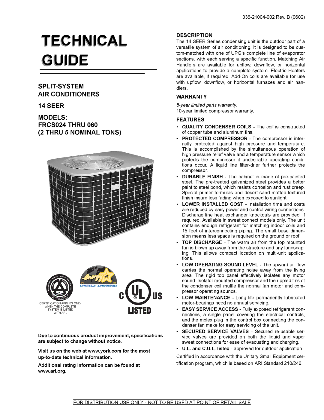 York FRCS024 warranty Description, Warranty, Features 