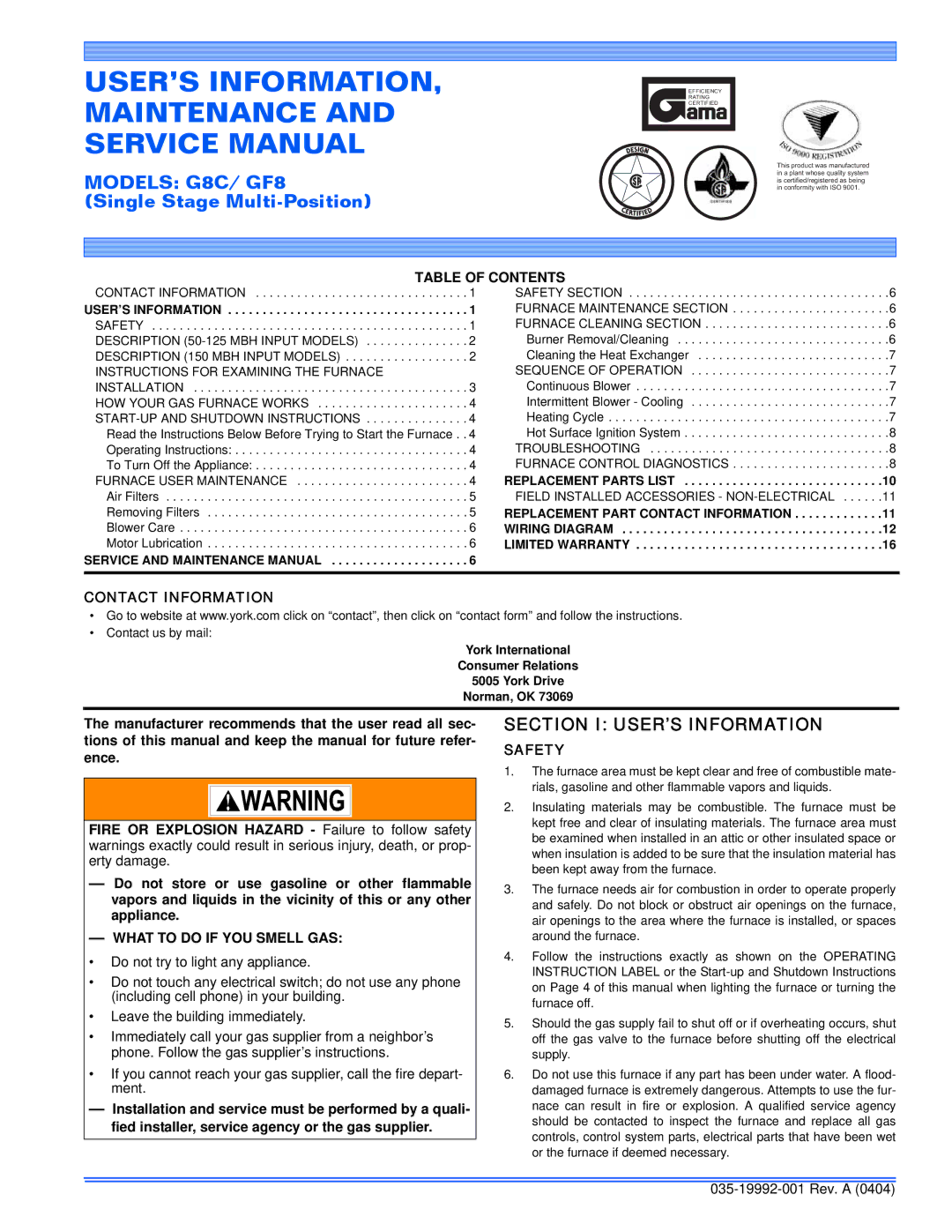 York G8C service manual Section I USER’S Information, Table of Contents, Contact Information, What to do if YOU Smell GAS 