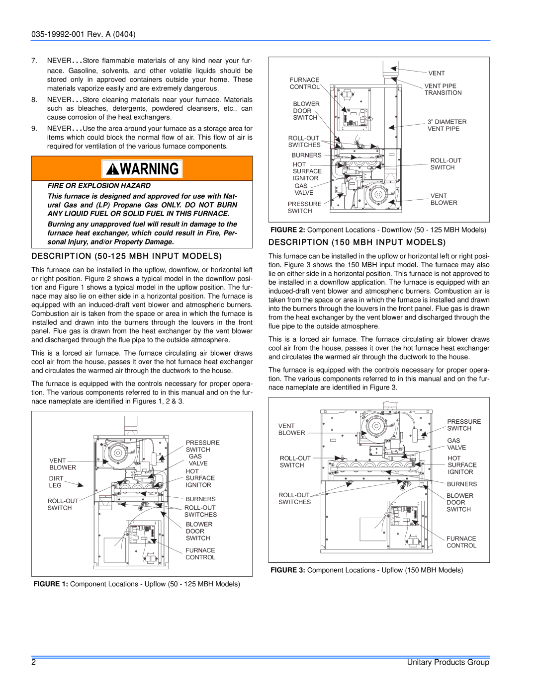 York GF8, G8C service manual Description 50-125 MBH Input Models, Description 150 MBH Input Models 