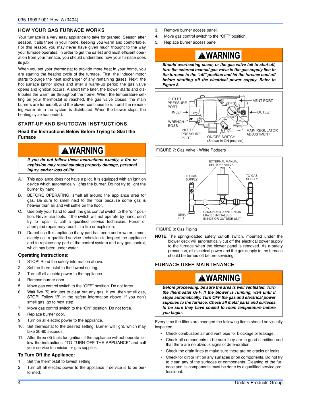 York GF8 HOW Your GAS Furnace Works, START-UP and Shutdown Instructions, Operating Instructions, To Turn Off the Appliance 