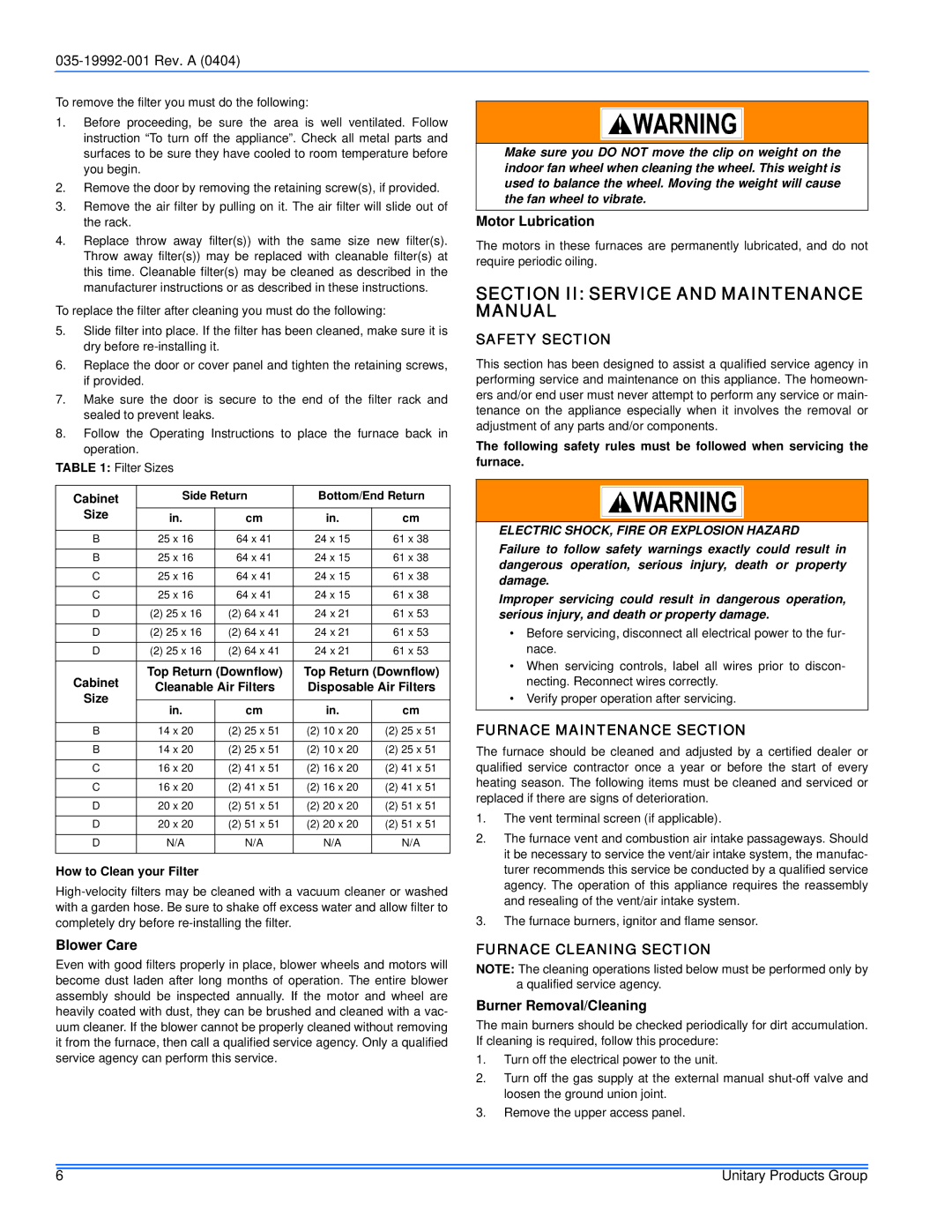 York GF8 Section II Service and Maintenance Manual, Safety Section, Furnace Maintenance Section, Furnace Cleaning Section 