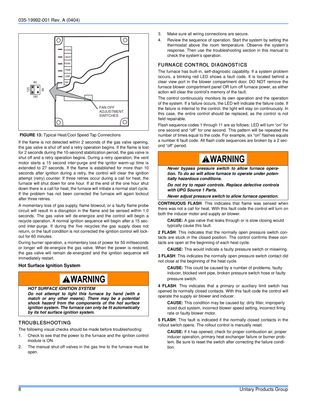 York GF8, G8C service manual Hot Surface Ignition System, Troubleshooting, Furnace Control Diagnostics 