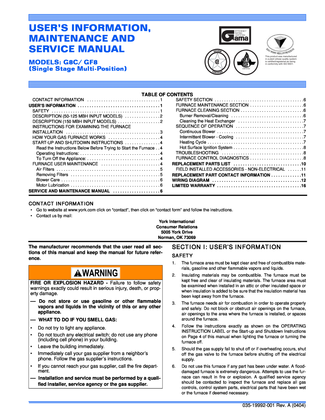 York G8C service manual Section I User’S Information, Table Of Contents, Contact Information, What To Do If You Smell Gas 