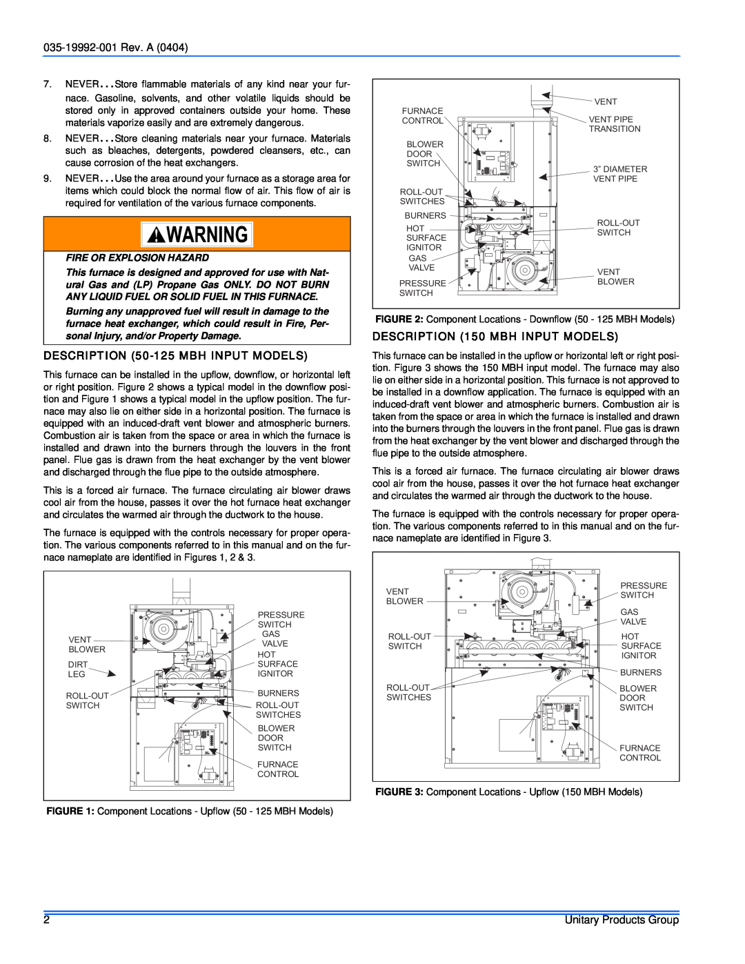 York GF8, G8C service manual DESCRIPTION 50-125MBH INPUT MODELS, DESCRIPTION 150 MBH INPUT MODELS, 035-19992-001Rev. A 