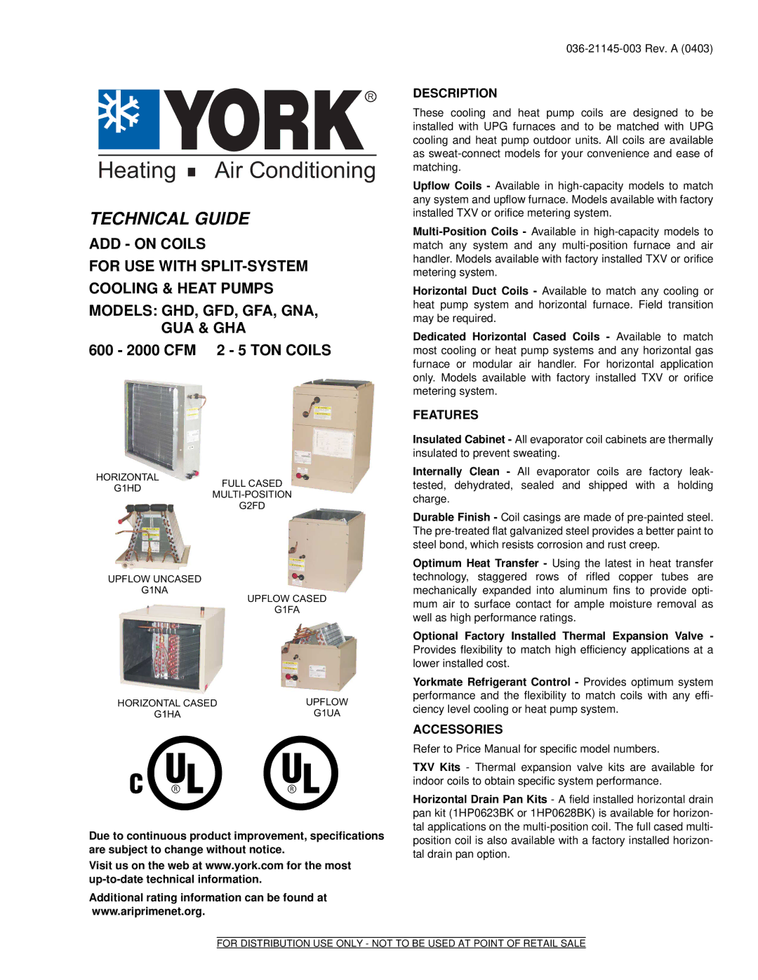 York GFD, GHA, GNA, GHD, GUA, GFA specifications Description, Features, Accessories 