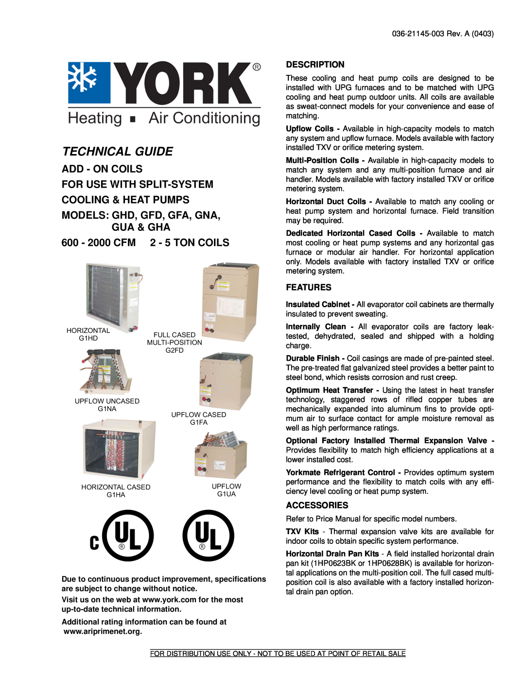 York GFD, GHA specifications Description, Features, Accessories, Heating Air Conditioning, Technical Guide, Add - On Coils 