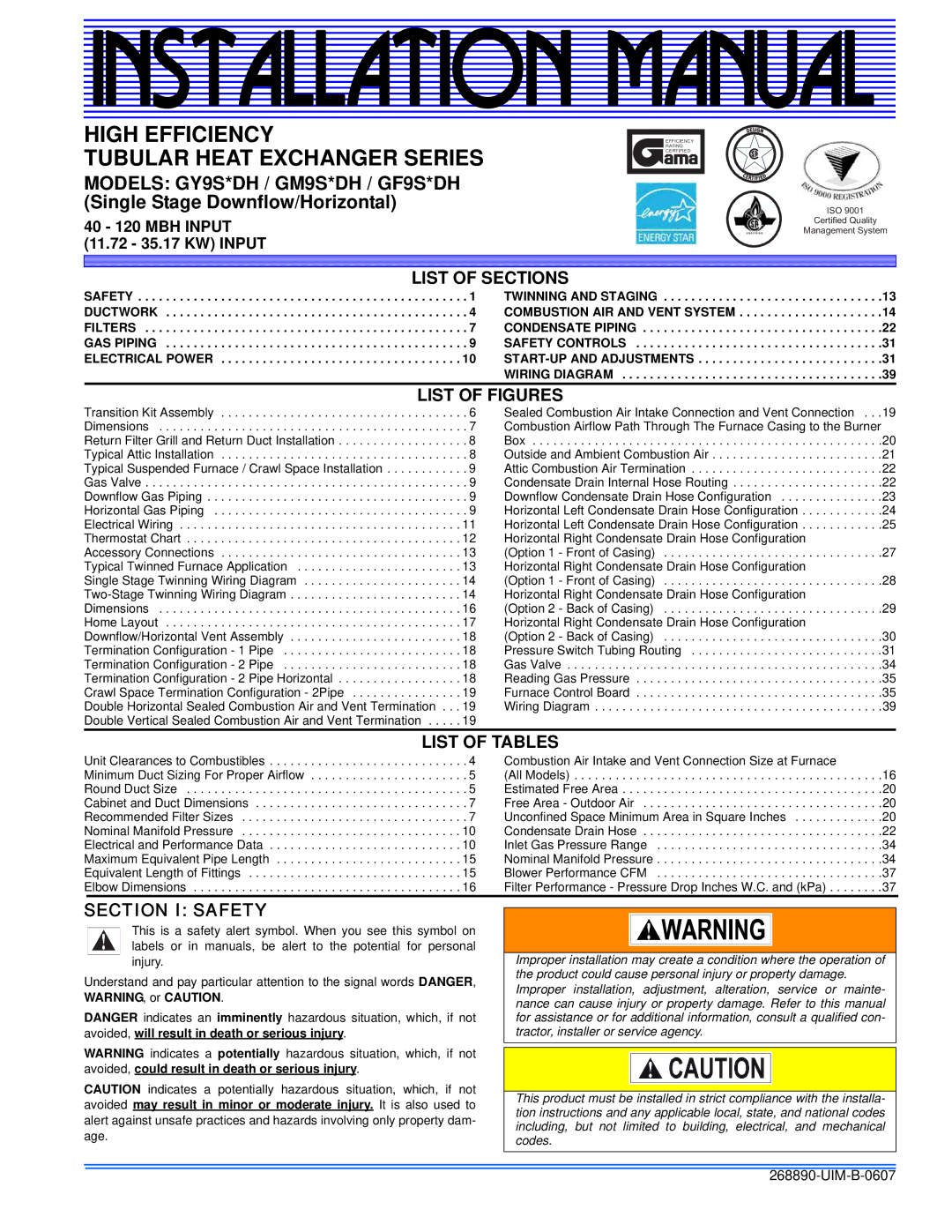 York GY9S*DH, GM9S*DH, GF9S*DH installation manual List of Sections, List of Figures, List of Tables, Section I Safety 