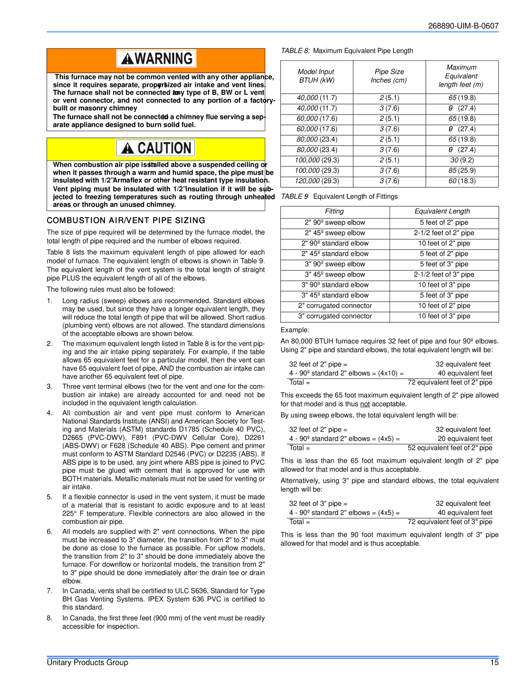 York GM9S*DH, GY9S*DH, GF9S*DH installation manual Combustion AIR/VENT Pipe Sizing, Model Input Pipe Size Maximum 