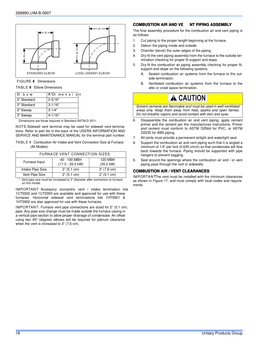 York GY9S*DH, GM9S*DH, GF9S*DH Combustion AIR and Vent Piping Assembly, Combustion AIR / Vent Clearances, Elbow Dimension 