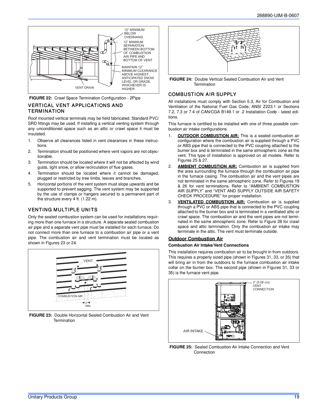 York GY9S*DH Vertical Vent Applications Termination, Venting Multiple Units, Combustion AIR Supply, Outdoor Combustion Air 