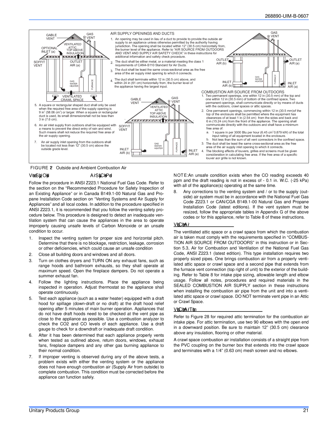 York GM9S*DH, GY9S*DH, GF9S*DH Vent and Supply Outside Air Safety Check Procedure, Ventilated Combustion Air 