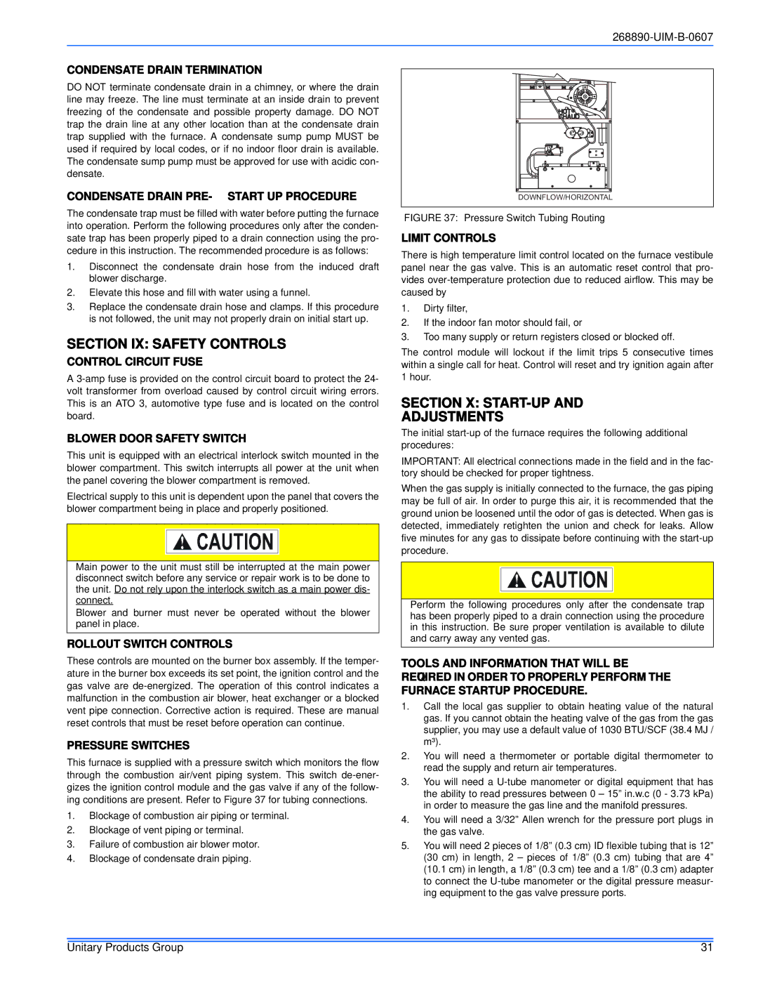 York GY9S*DH, GM9S*DH, GF9S*DH installation manual Section IX Safety Controls, Section X START-UP Adjustments 