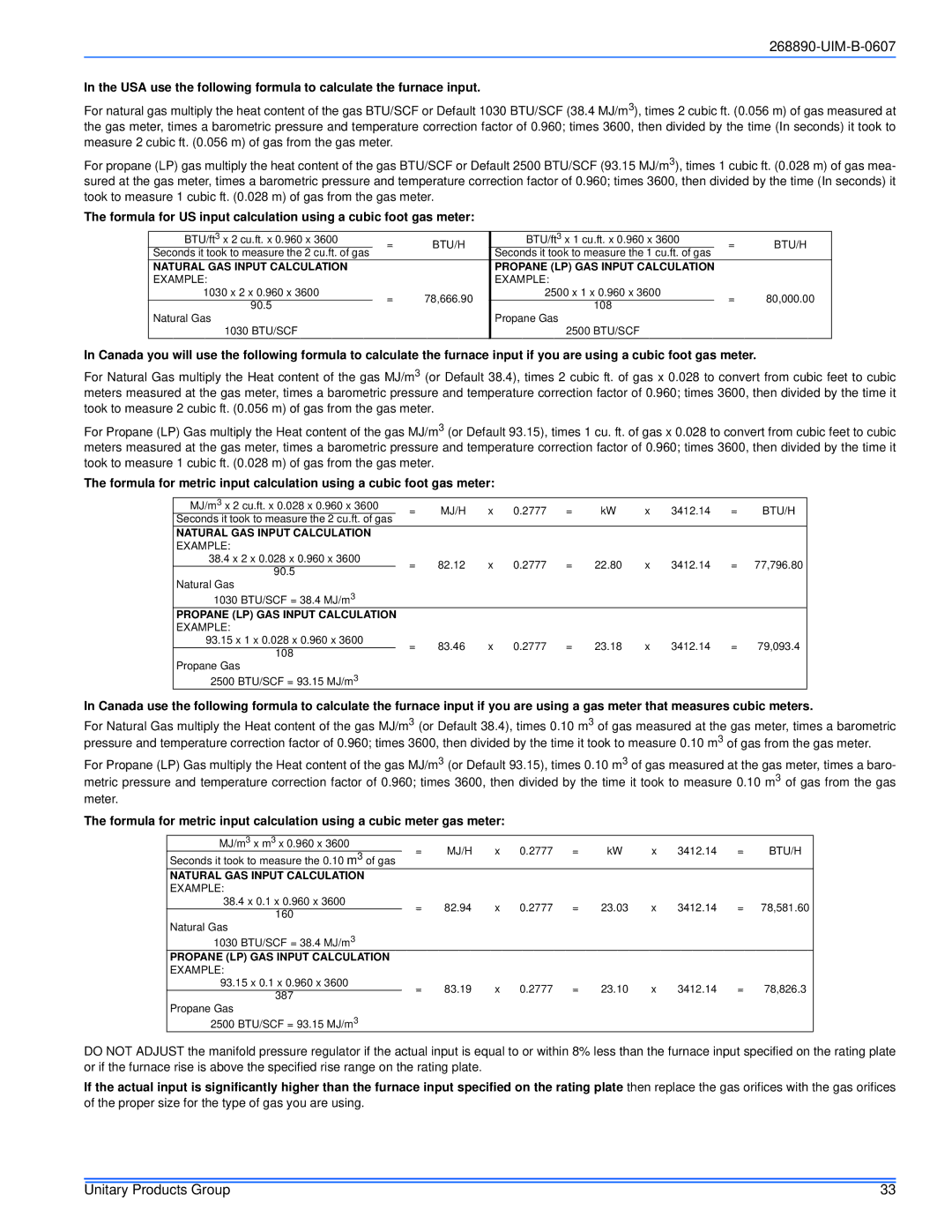 York GM9S*DH, GY9S*DH, GF9S*DH installation manual USA use the following formula to calculate the furnace input 