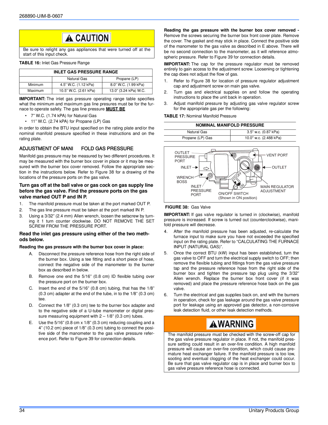 York GY9S*DH, GM9S*DH, GF9S*DH Adjustment of Manifold GAS Pressure, Inlet GAS Pressure Range, Nominal Manifold Pressure 