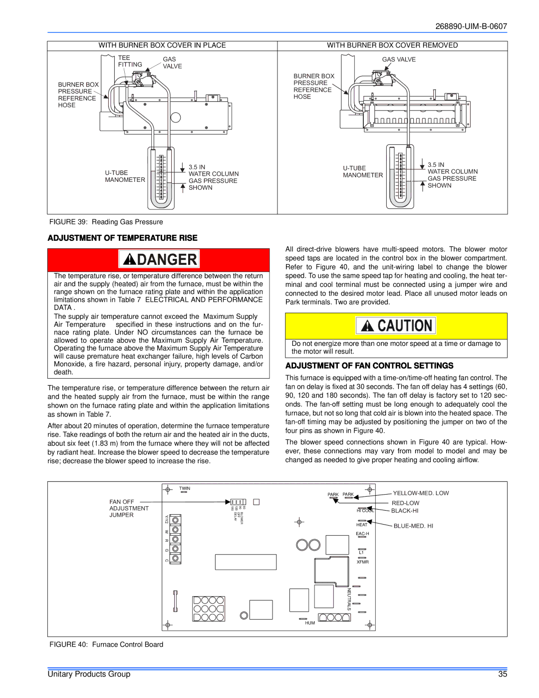 York GF9S*DH, GM9S*DH Adjustment of Temperature Rise, Adjustment of FAN Control Settings, With Burner BOX Cover in Place 