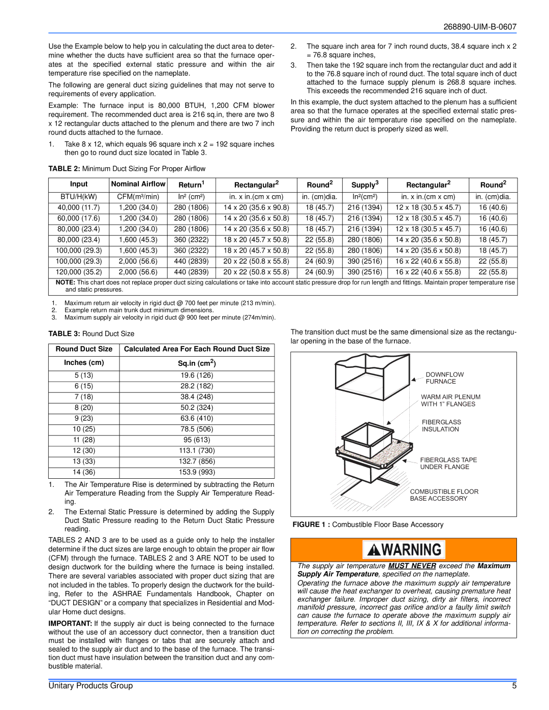 York GF9S*DH, GM9S*DH, GY9S*DH installation manual Input, Return1 Rectangular2 Round2 Supply3, Round Duct Size 