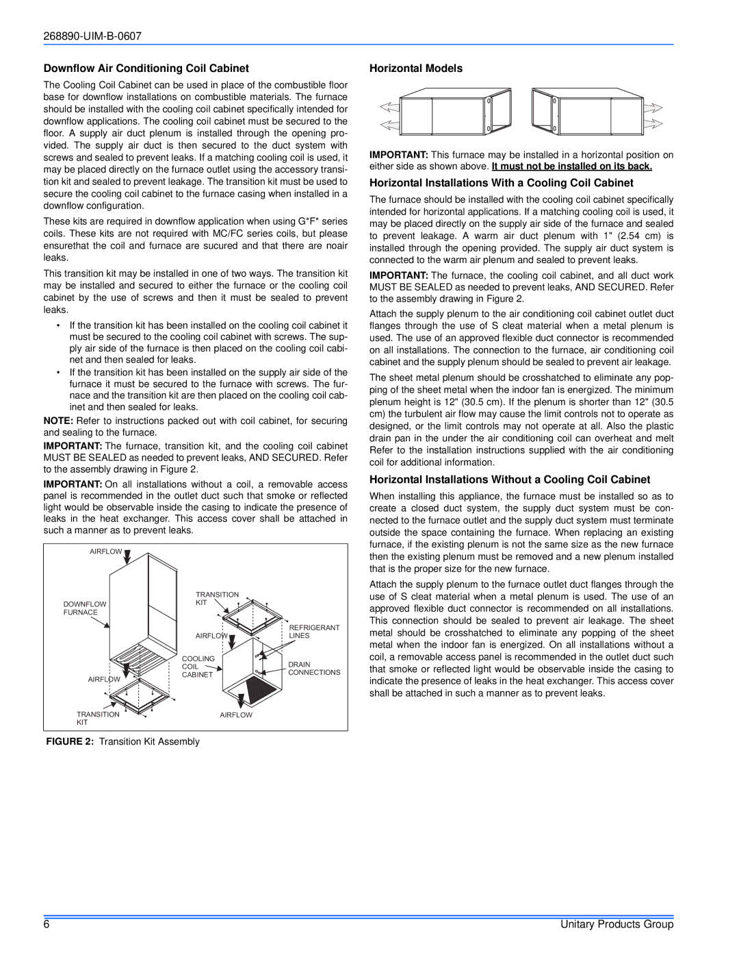 York GM9S*DH, GY9S*DH, GF9S*DH installation manual Downflow Air Conditioning Coil Cabinet, Horizontal Models 