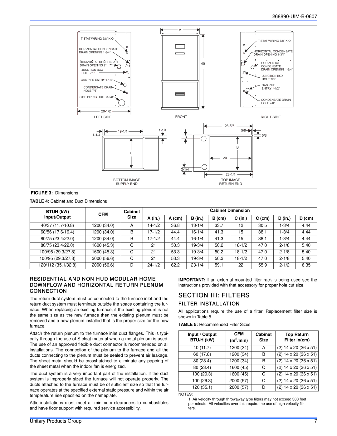 York GY9S*DH, GM9S*DH, GF9S*DH installation manual Section III Filters, Filter Installation, Cfm 