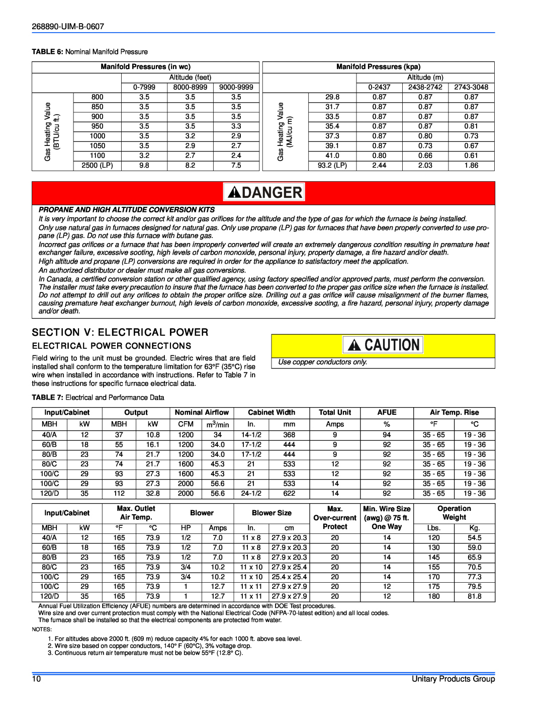 York GY9S*DH, GM9S*DH, GF9S*DH installation manual Section V Electrical Power, UIM-B-0607, Electrical Power Connections 