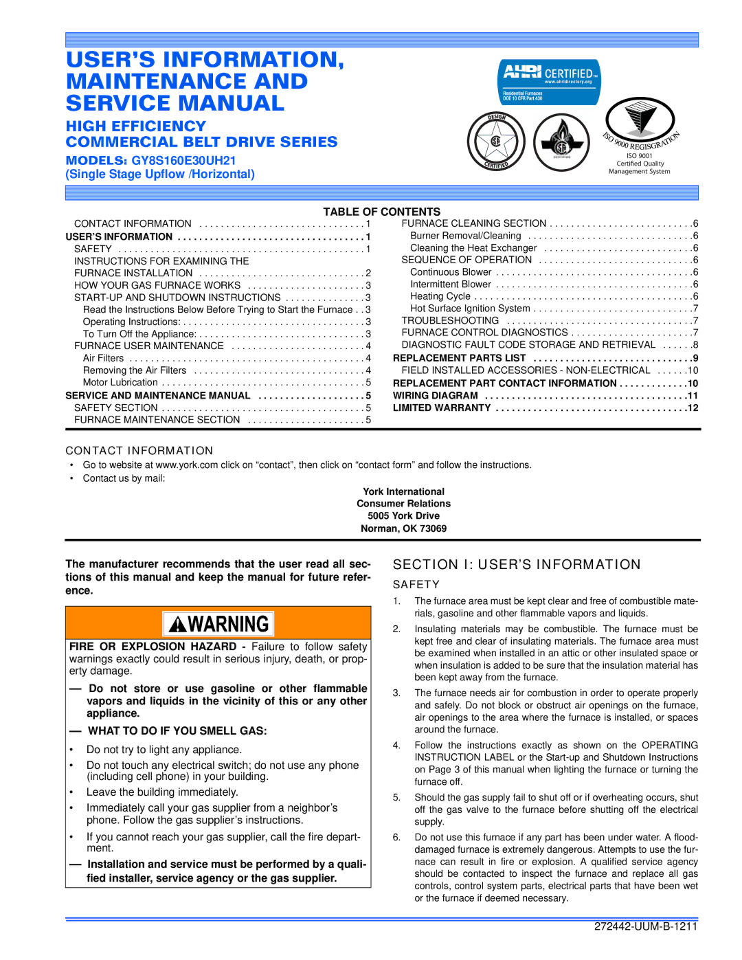 York GY8S160E30UH21 service manual Section I USER’S Information, Table of Contents, Contact Information, Safety 