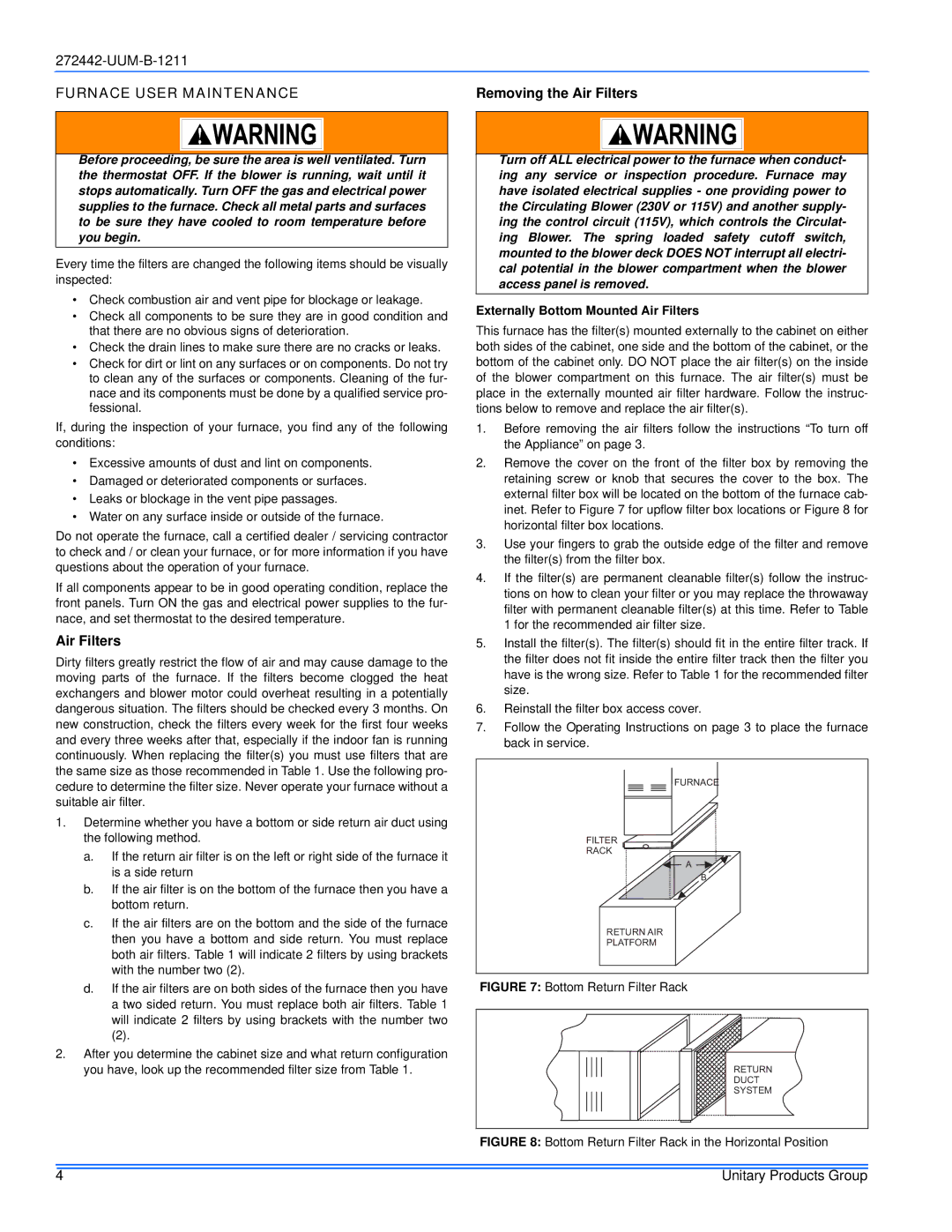 York GY8S160E30UH21 Furnace User Maintenance, Removing the Air Filters, Externally Bottom Mounted Air Filters 