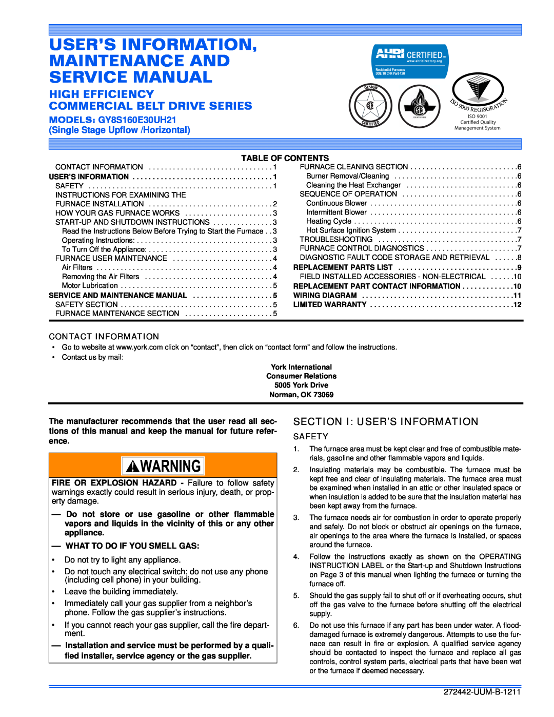 York GY8S160E30UH21 service manual Section I User’S Information, Table Of Contents, Contact Information, Safety 