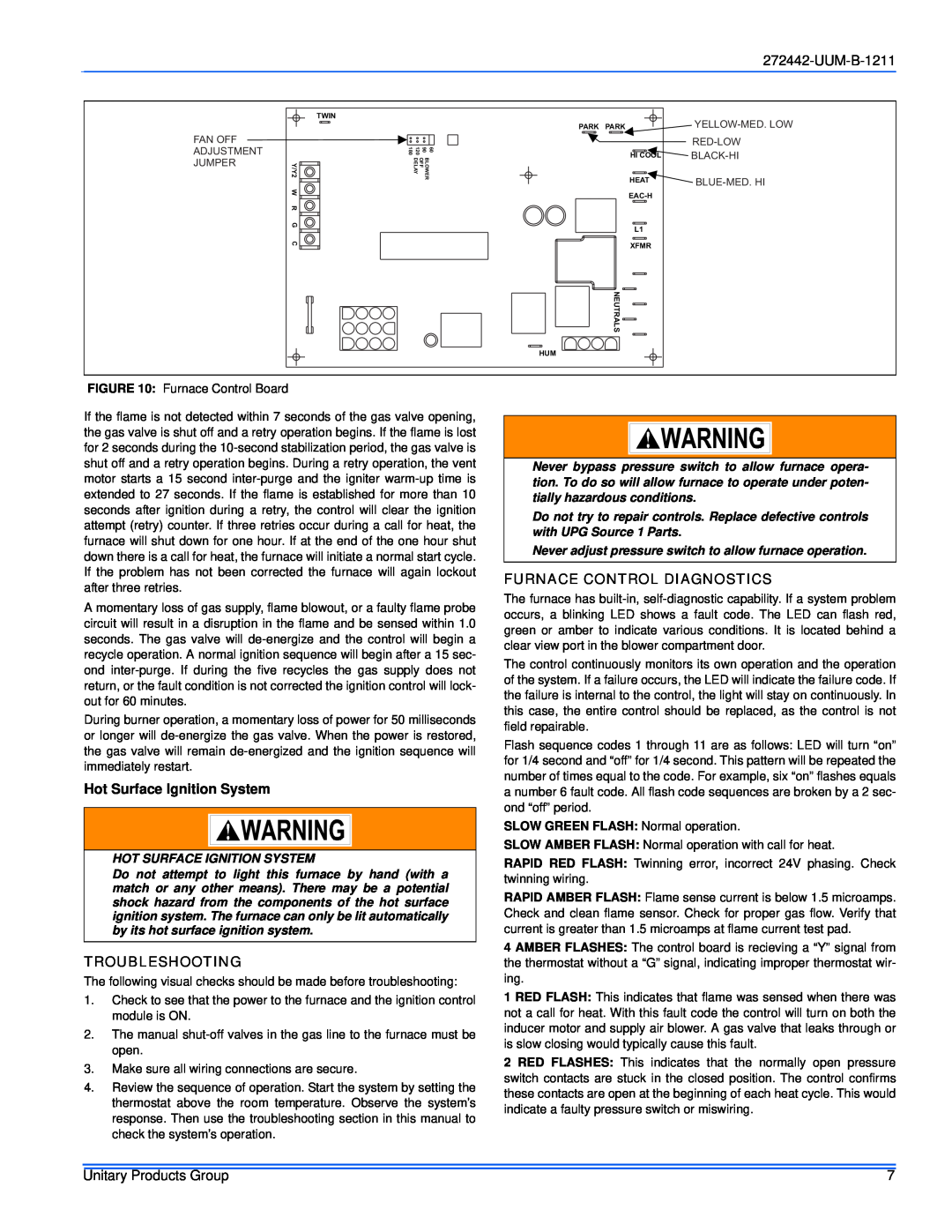York GY8S160E30UH21 service manual Hot Surface Ignition System, Troubleshooting, Furnace Control Diagnostics, UUM-B-1211 