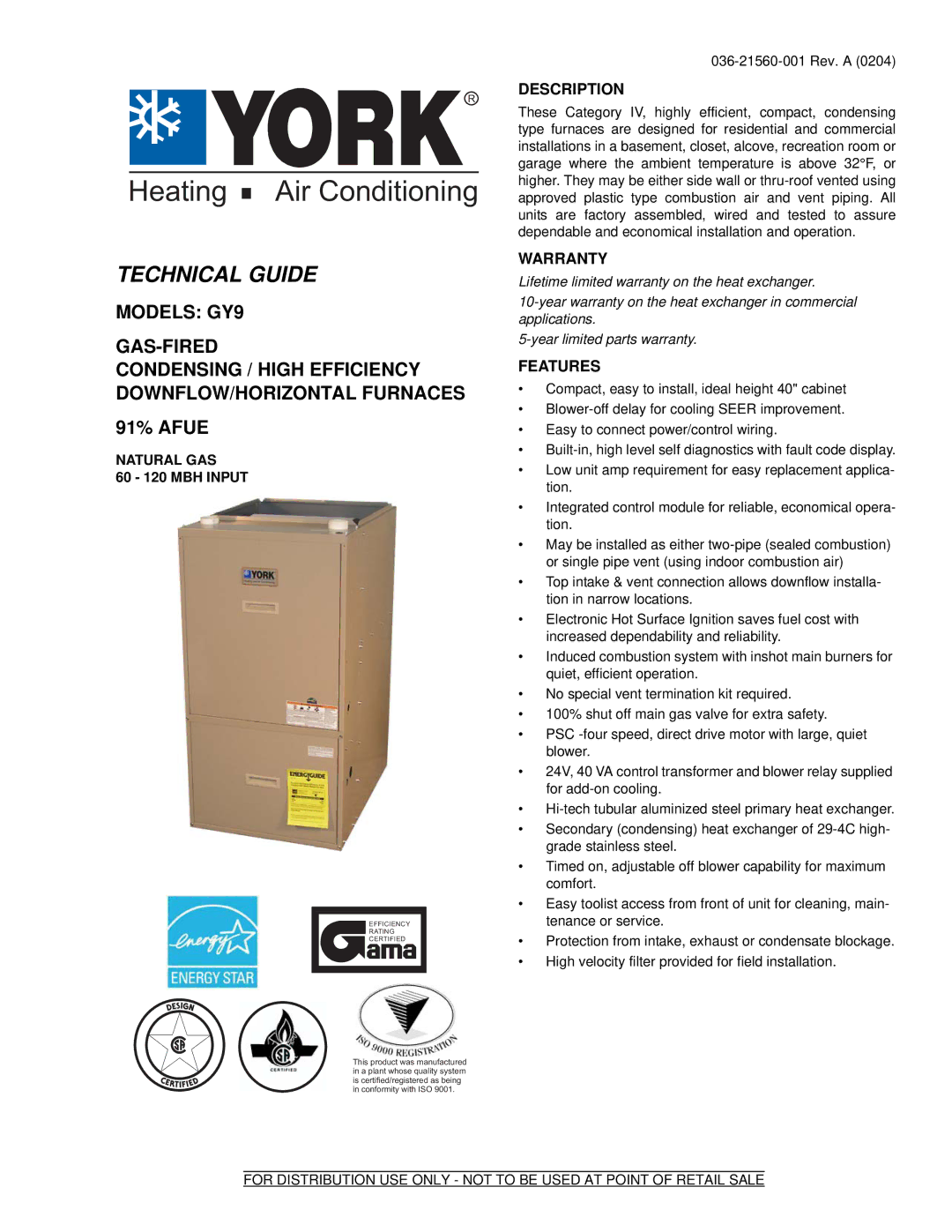 York GY9 warranty Description, Warranty, Features, Natural GAS, 036-21560-001 Rev. a 