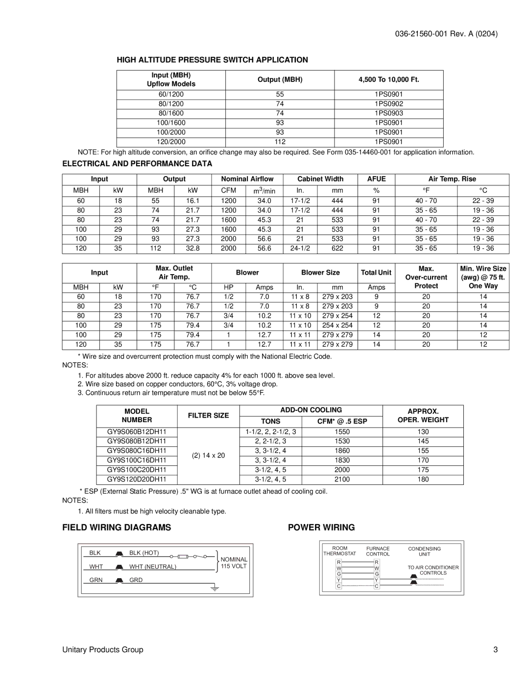 York GY9 Field Wiring Diagrams, Power Wiring, High Altitude Pressure Switch Application, Electrical and Performance Data 