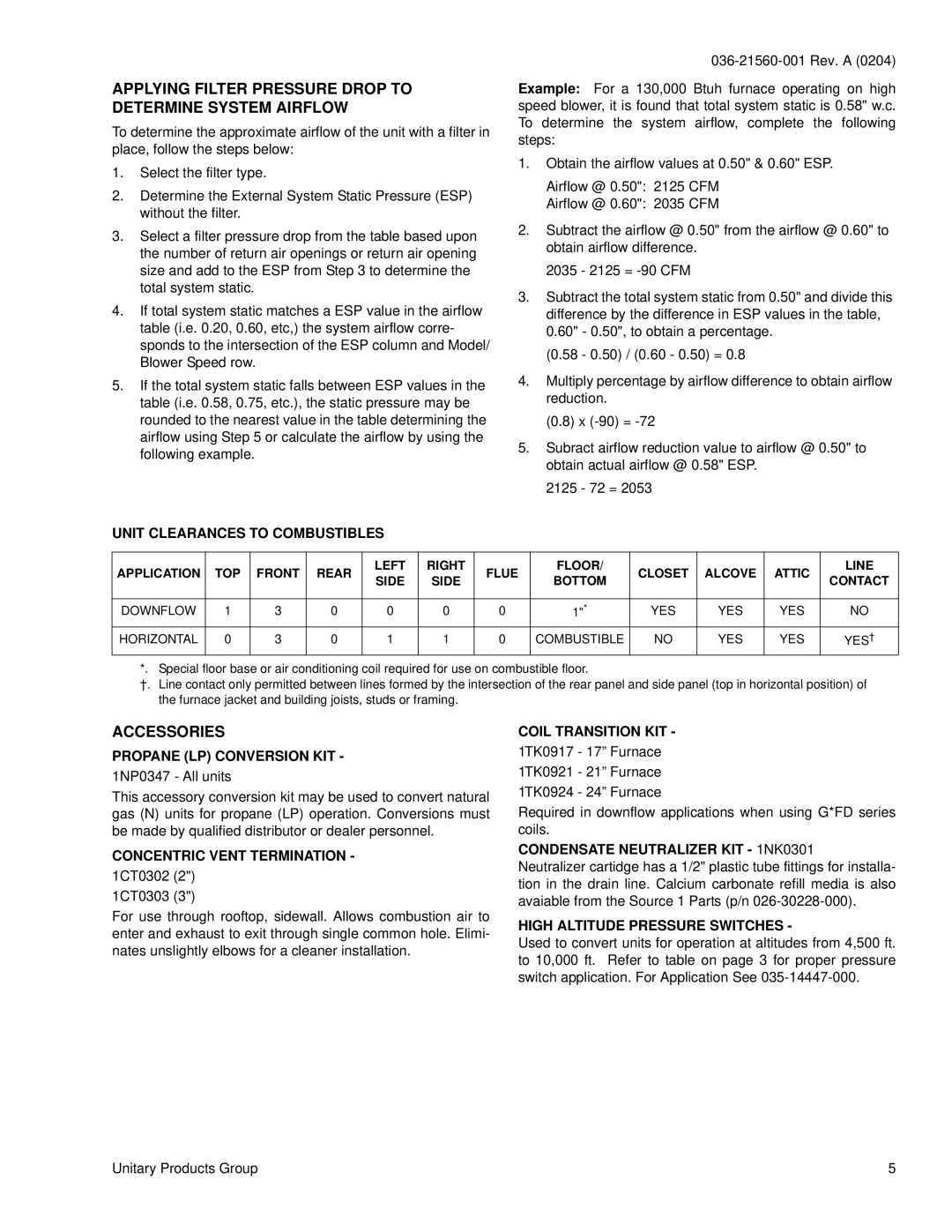 York GY9 warranty Applying Filter Pressure Drop to Determine System Airflow, Accessories 