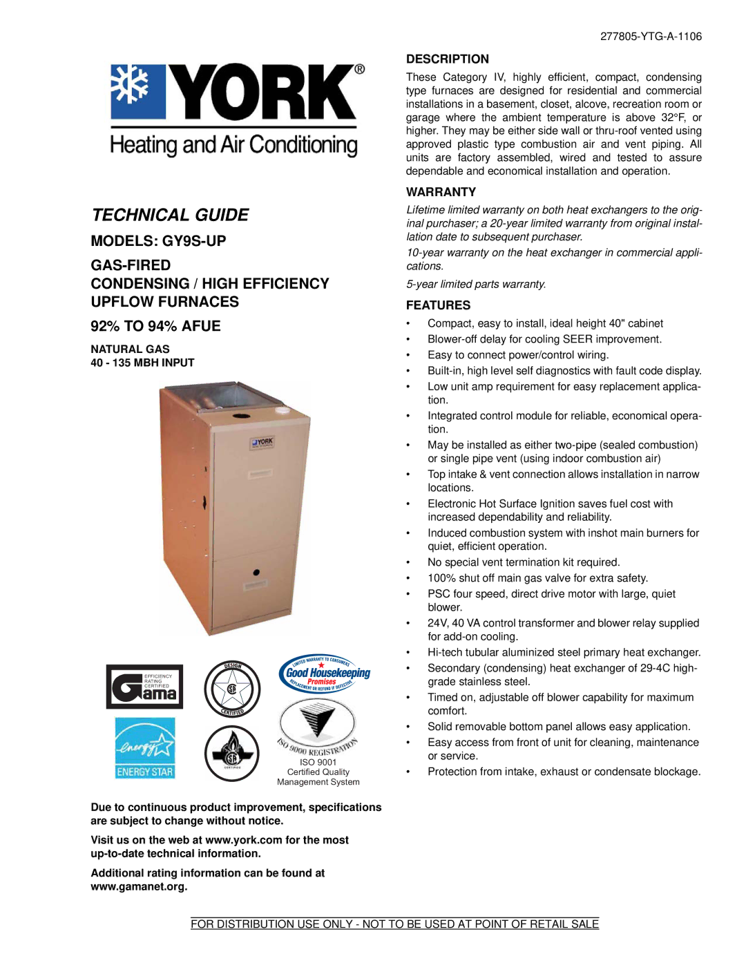 York GY9S-UP warranty Description, Warranty, Features, Natural GAS 