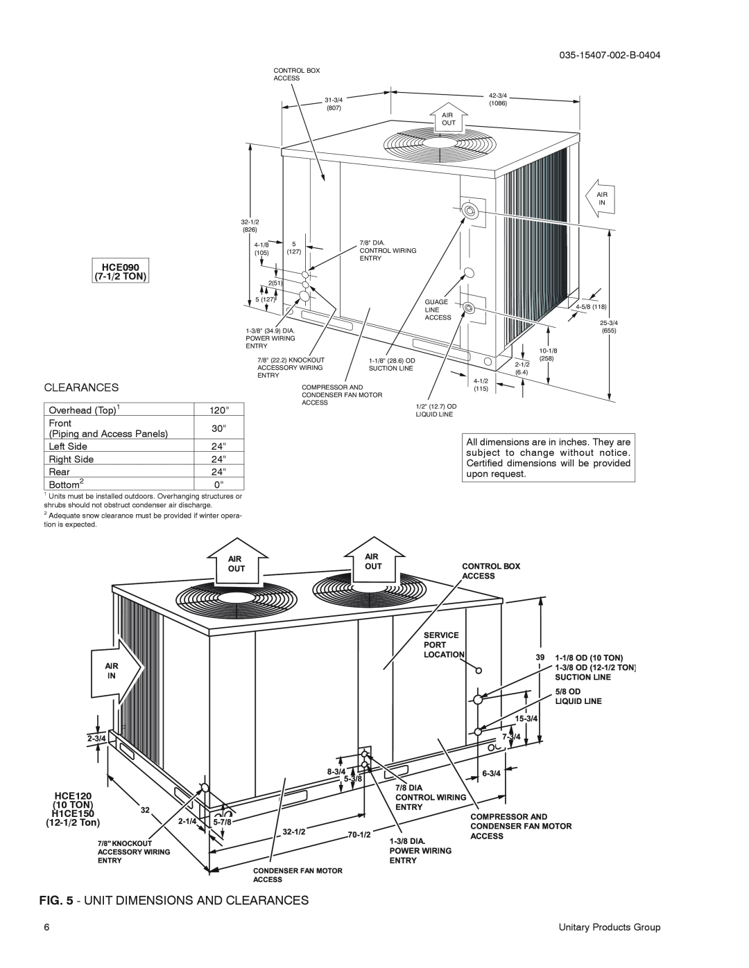 York H3CE120, H5CE090 installation manual Unit Dimensions And Clearances, HCE090, HCE120, 10 TON, H1CE150, 12-1/2Ton 