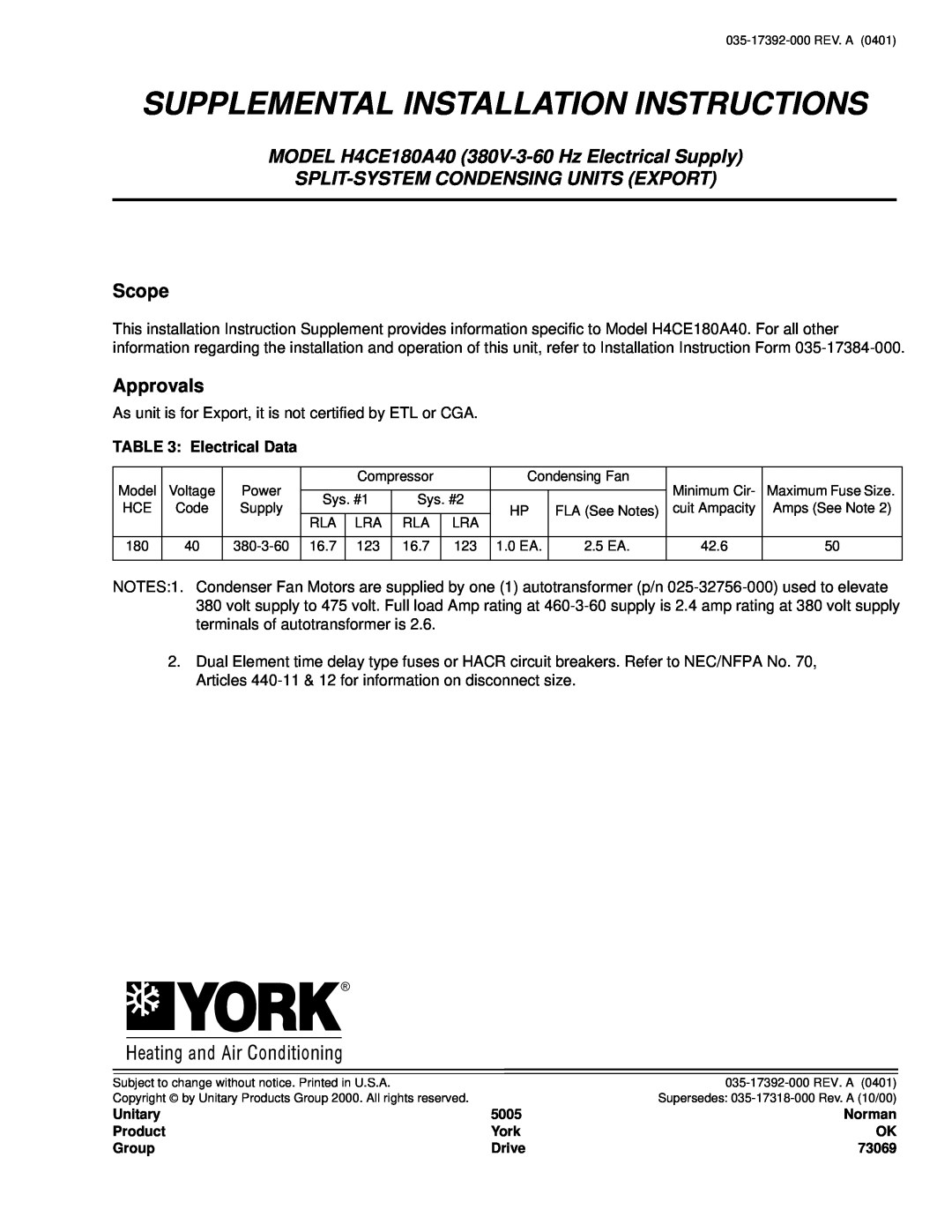 York H4CE180A40 installation instructions Supplemental Installation Instructions, Split-System Condensing Units Export 