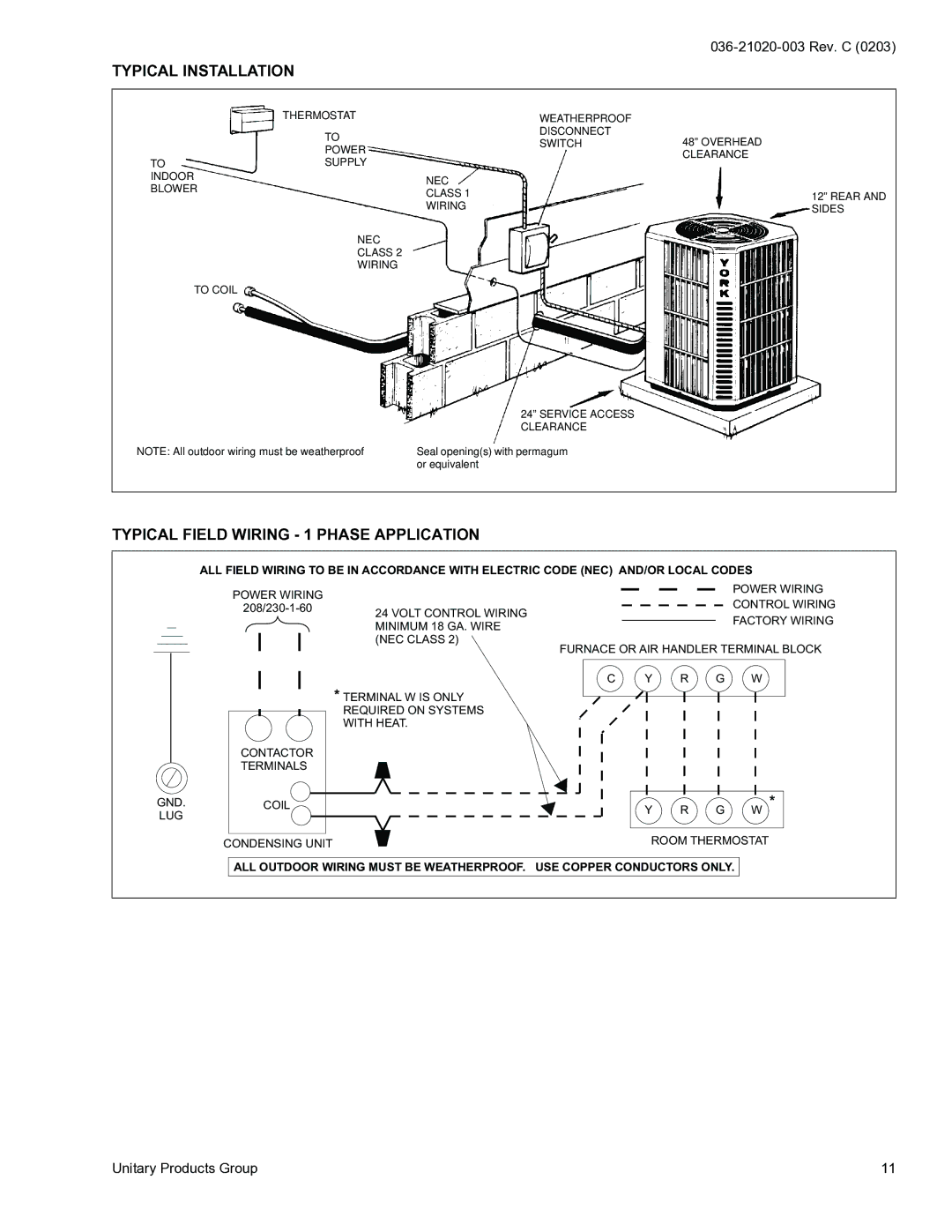 York H4DH018 THRU 060 warranty Typical Installation, Typical Field Wiring 1 Phase Application 