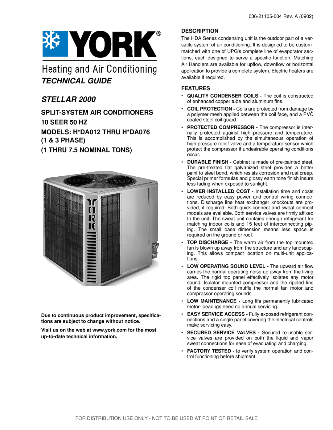 York H*DA012 specifications Description, Features 