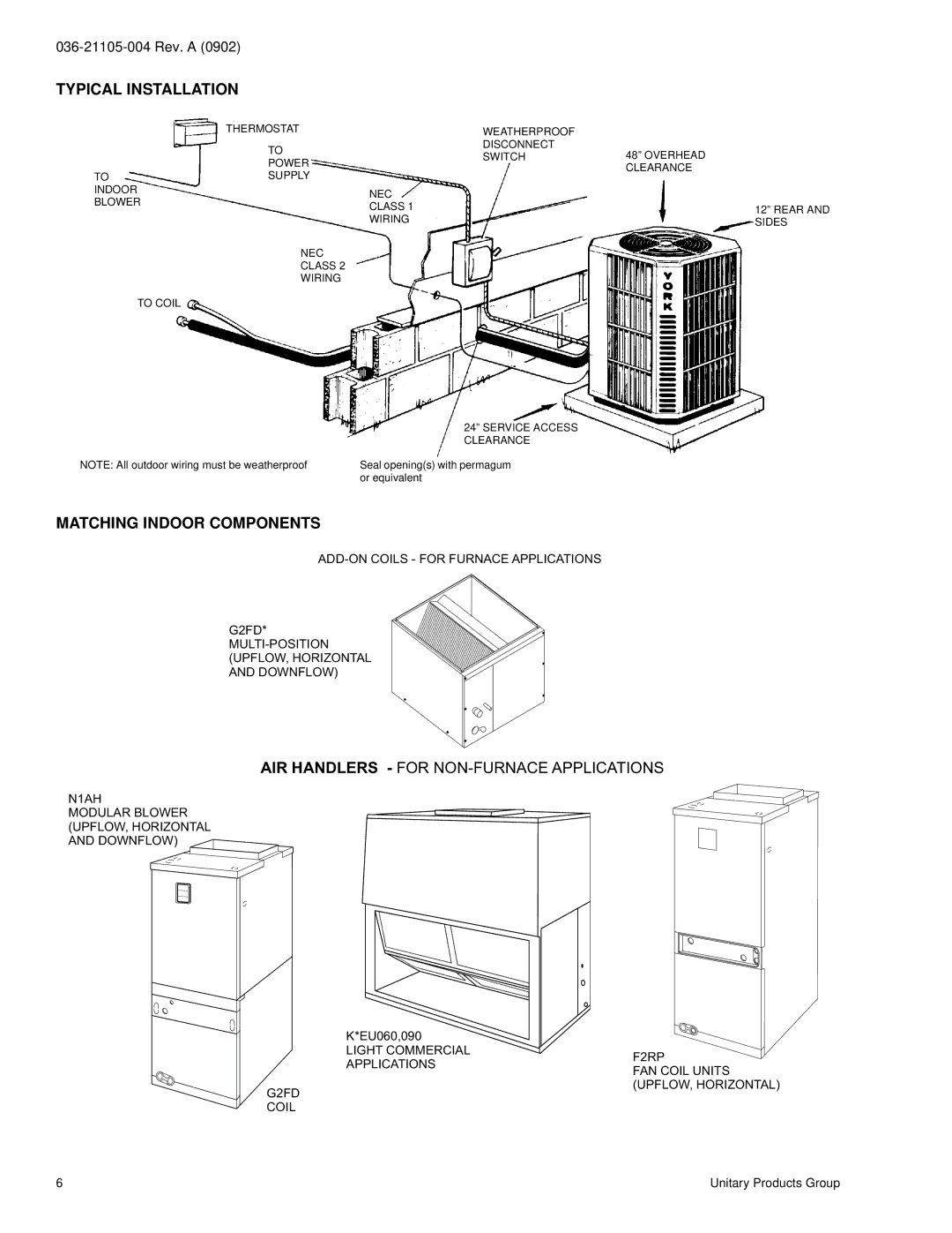 York H*DA012 specifications Typical Installation, Matching Indoor Components 