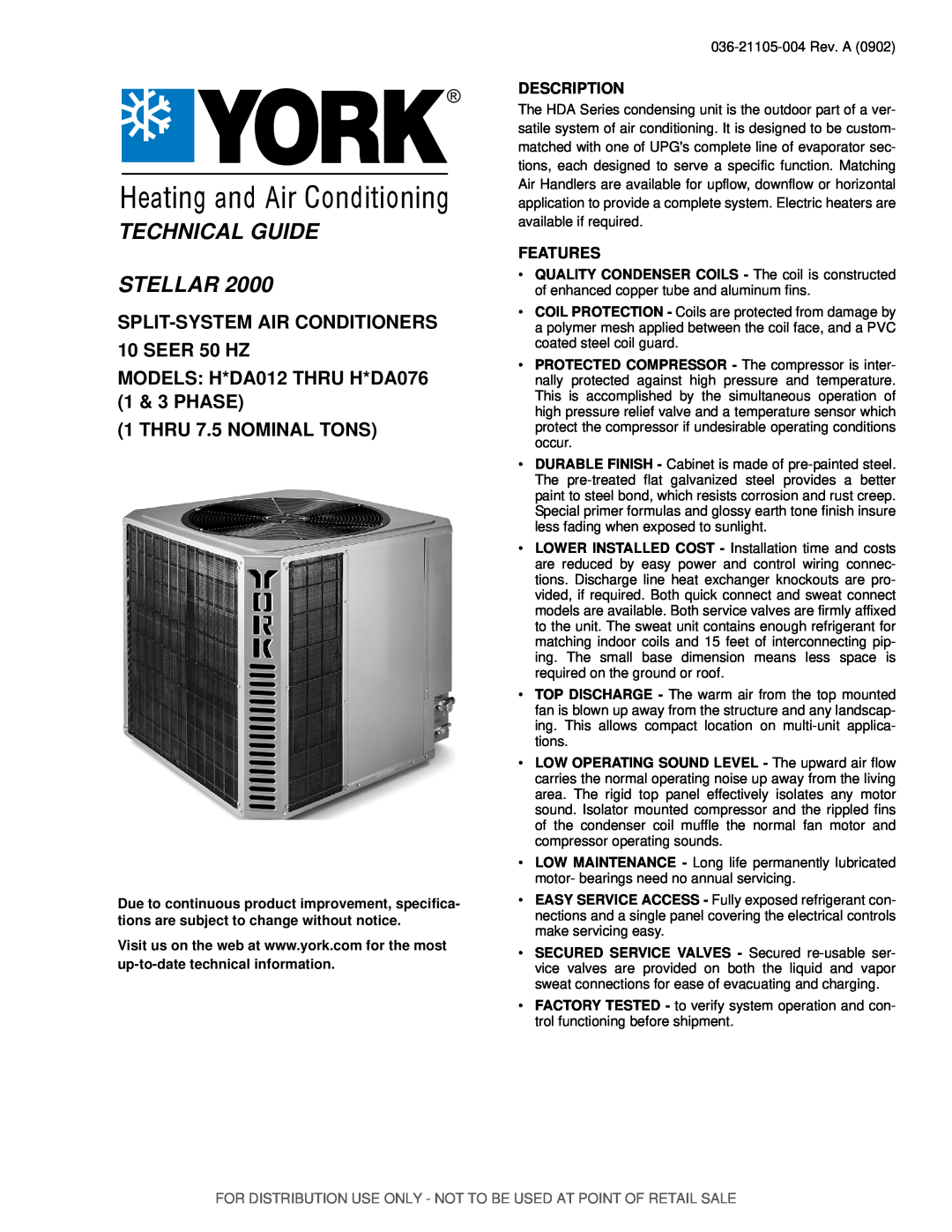 York H*DA012 specifications Description, Features, Technical Guide Stellar, SPLIT-SYSTEMAIR CONDITIONERS 10 SEER 50 HZ 