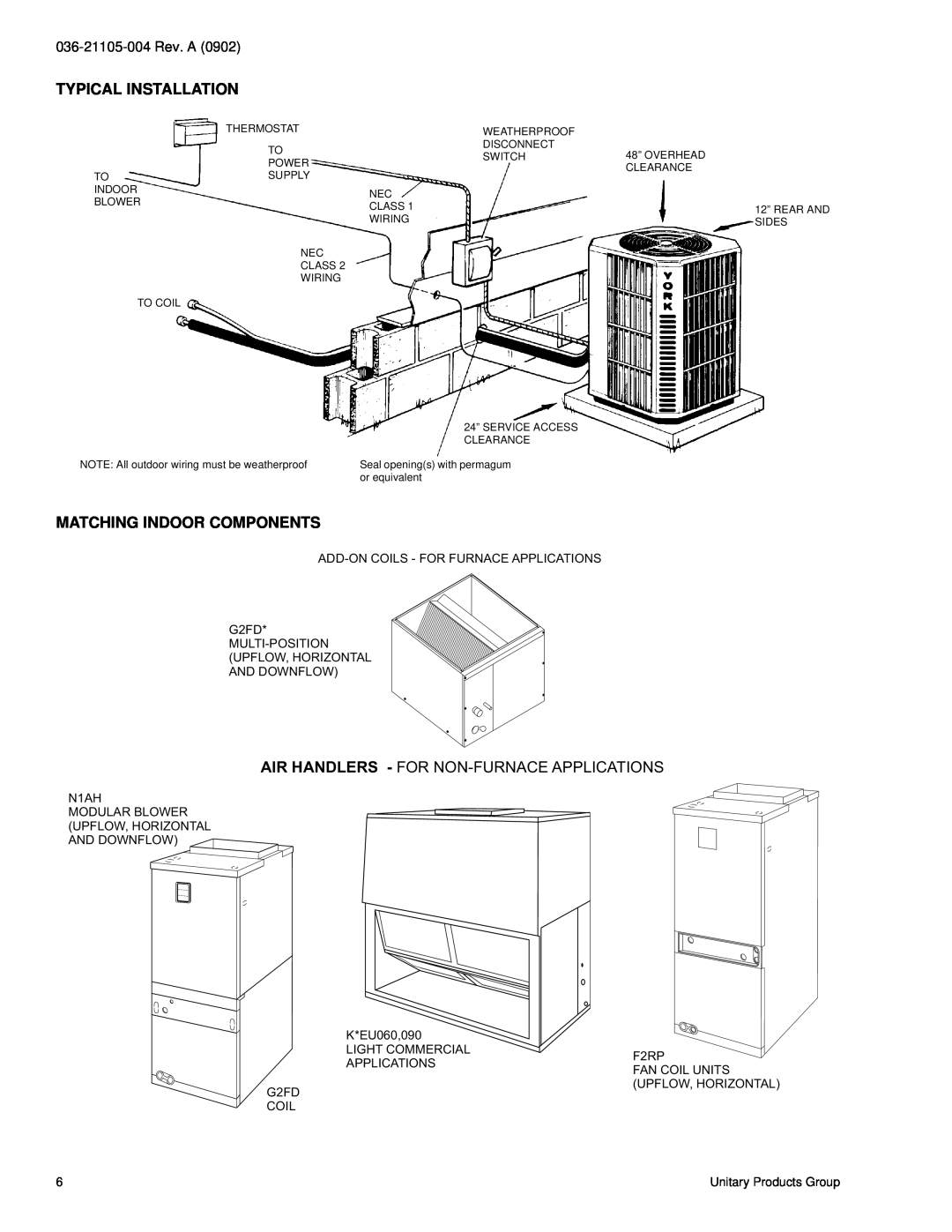 York H*DA012 specifications Typical Installation, Matching Indoor Components, Air Handlers - For Non-Furnaceapplications 
