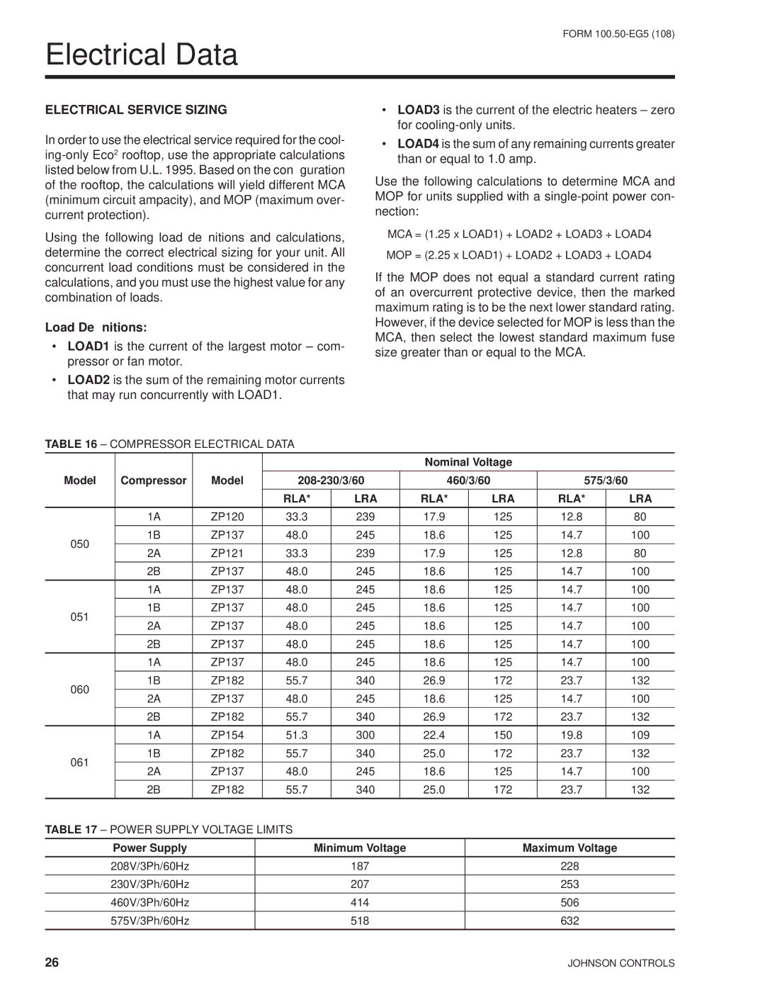 York HFC-410A manual Electrical Data, Electrical Service Sizing, Load Deﬁnitions, Rla Lra 