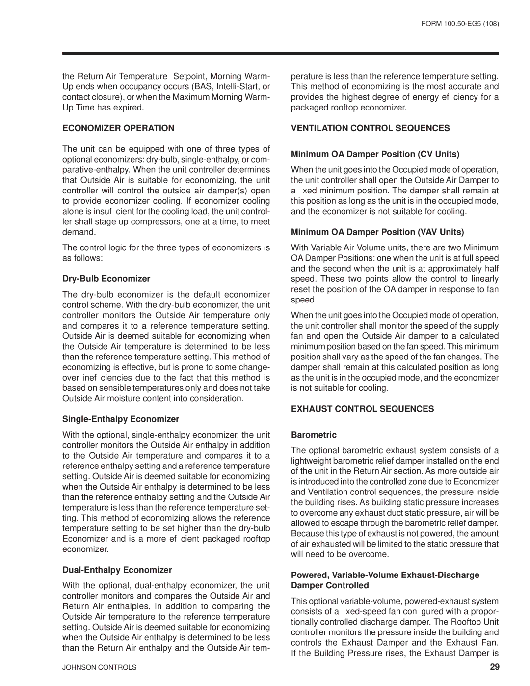 York HFC-410A manual Economizer Operation, Ventilation Control Sequences, Exhaust Control Sequences 