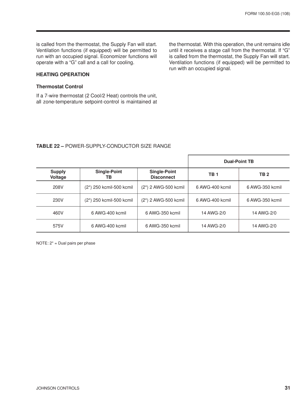 York HFC-410A manual Heating Operation, POWER-SUPPLY-CONDUCTOR Size Range, Dual-Point TB, Supply Single-Point, Disconnect 