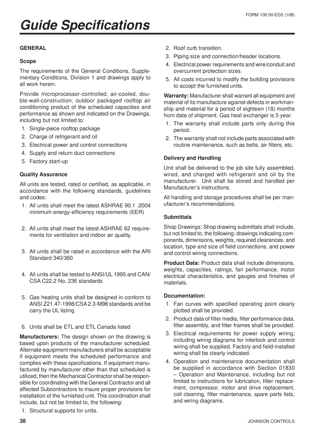 York HFC-410A manual Guide Speciﬁcations 