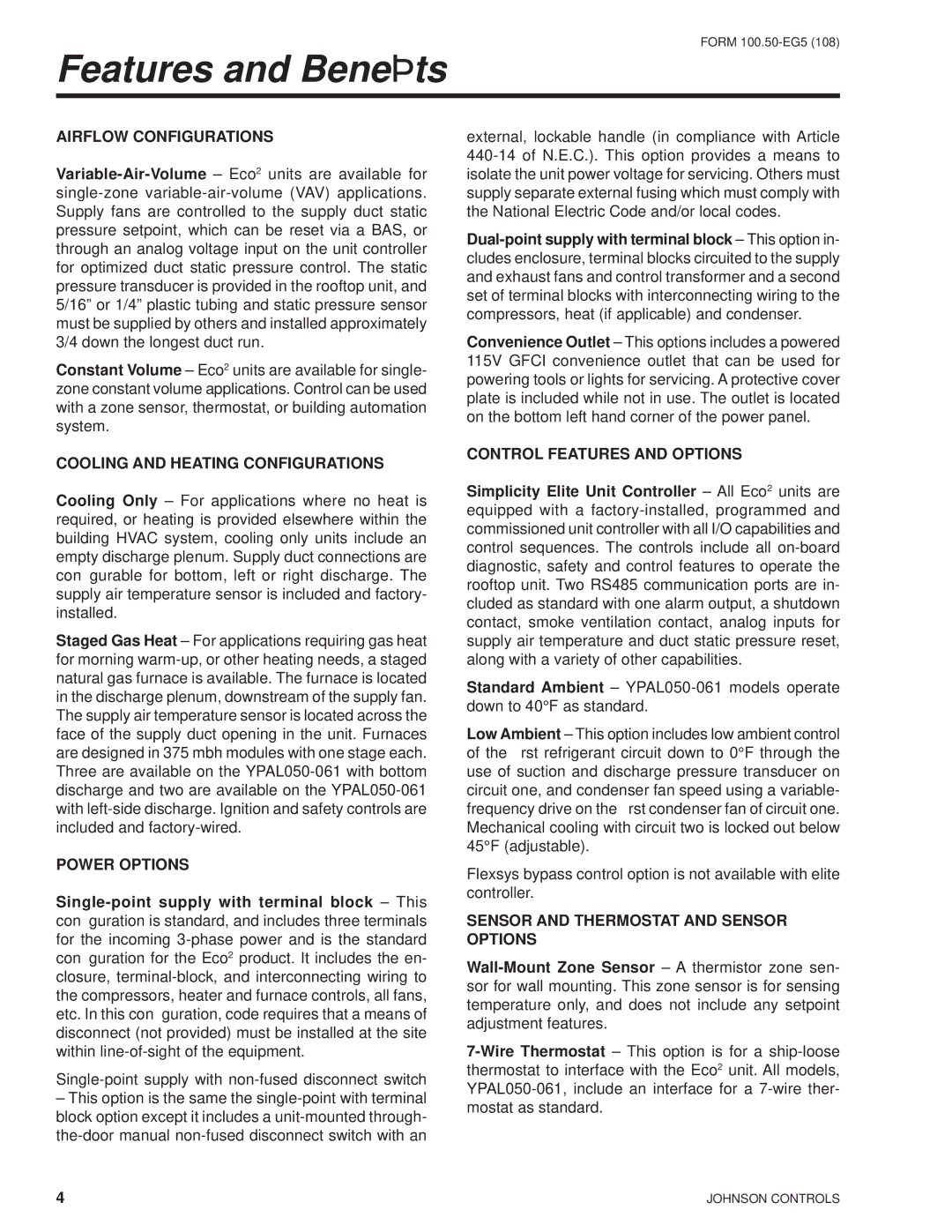 York HFC-410A manual Features and Beneﬁts 