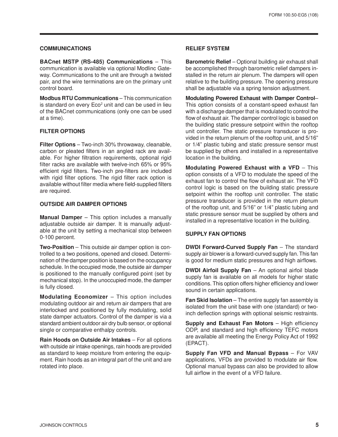 York HFC-410A manual Communications, Filter Options, Outside AIR Damper Options, Relief System, Supply FAN Options 