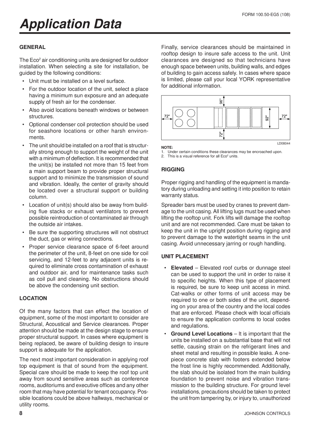 York HFC-410A manual Application Data, General, Location, Rigging, Unit Placement 