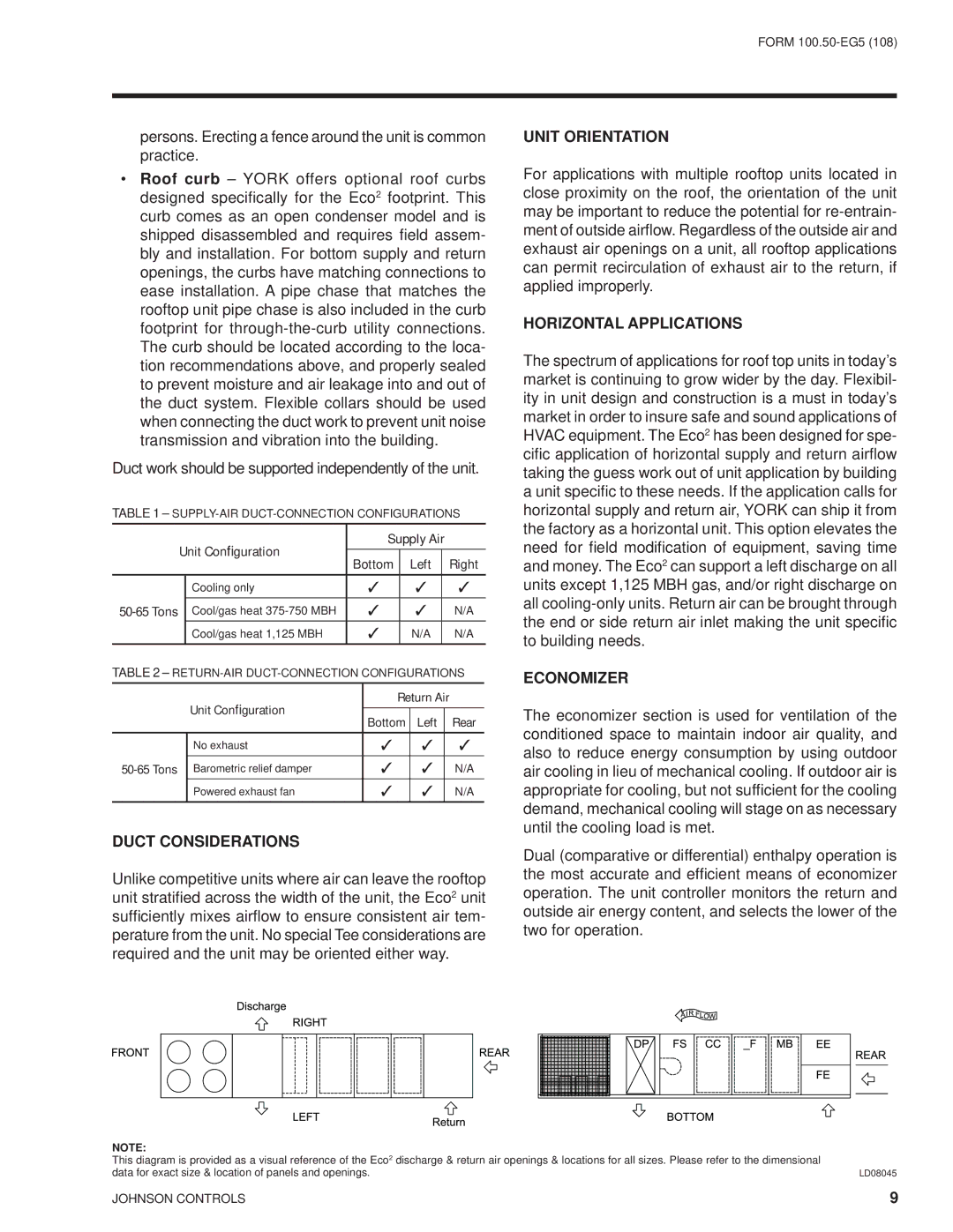 York HFC-410A manual Duct Considerations, Unit Orientation, Horizontal Applications, Economizer 