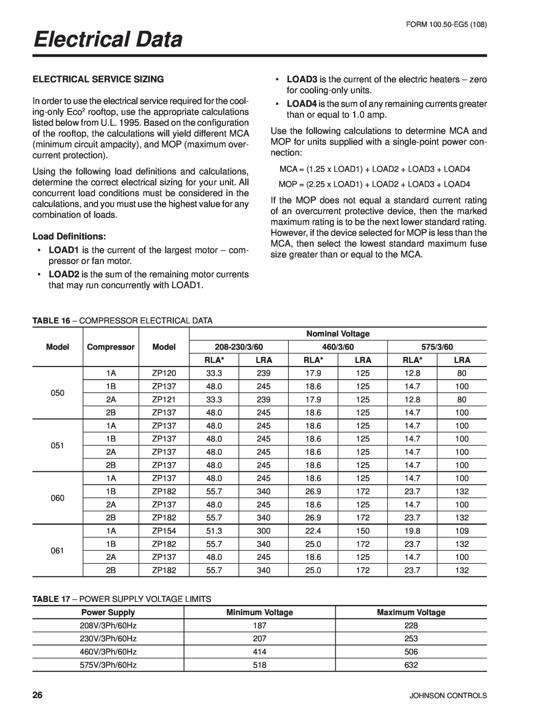 York HFC-410A manual Electrical Data, Electrical Service Sizing, Load Deﬁnitions 