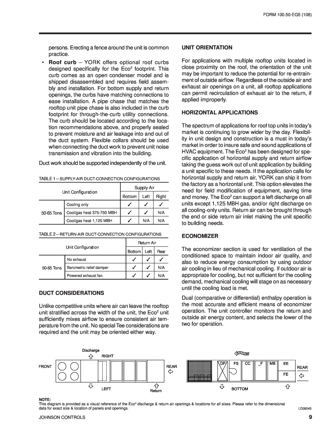 York HFC-410A Duct Considerations, Unit Orientation, Horizontal Applications, Economizer, Unit Conﬁguration, Bottom, Left 