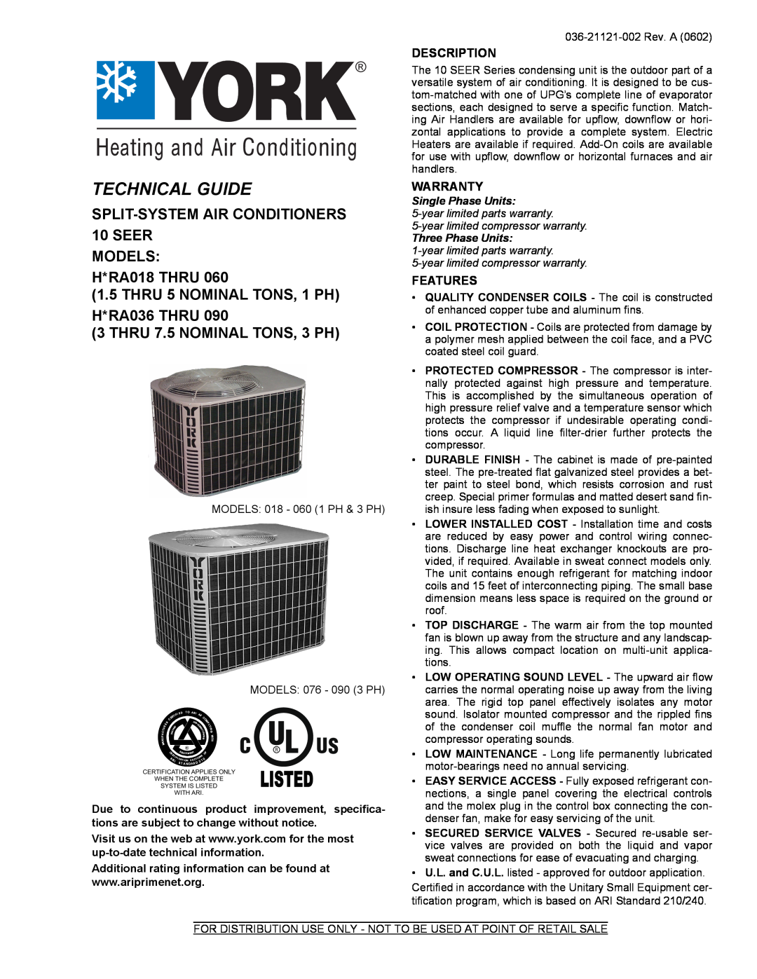 York H*RA036 THRU 090 warranty Description, Warranty, Features, Technical Guide, Single Phase Units, Three Phase Units 